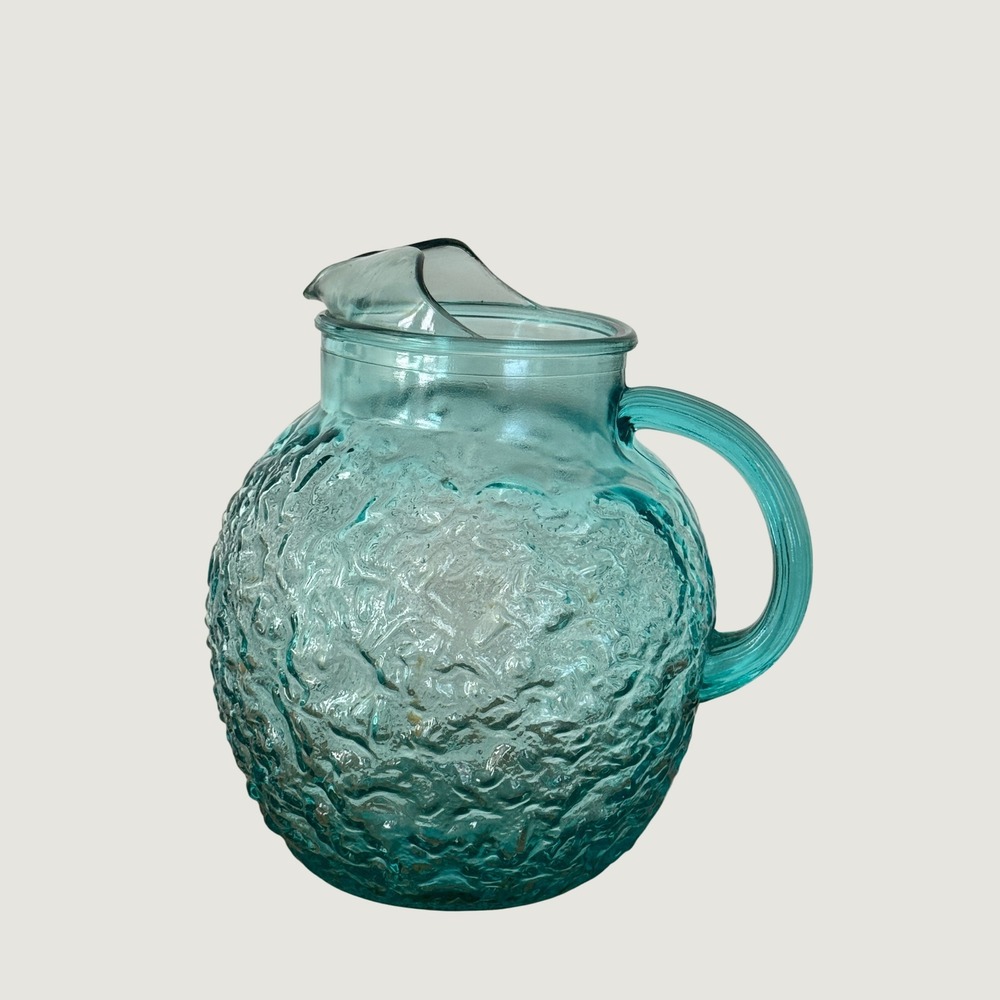 Vintage Anchor Hocking Lido Milano Aqua Crinkle Textured Glass Ball Pitcher